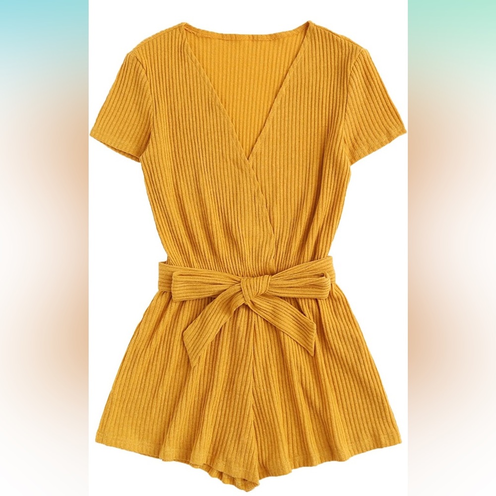 Yellow Gold Ribbed Belted Short Sleeve Romper